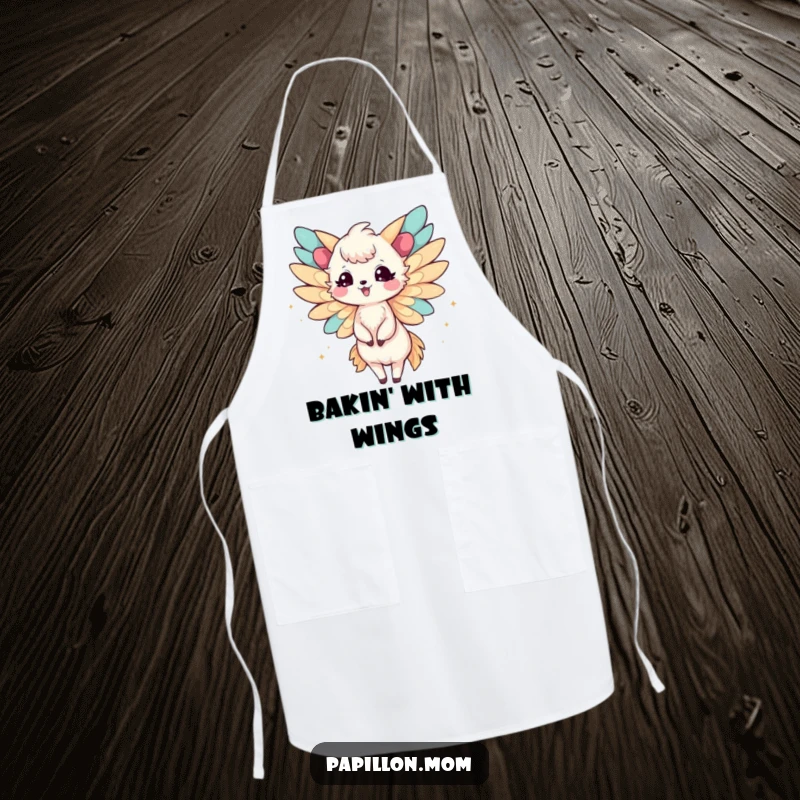 Funny Papillon Lady Apron depicting delicate wings fluttering joyfully, bringing cheer to any kitchen task with a smile.