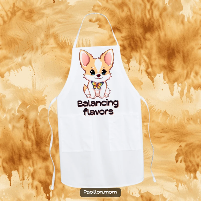 Funny Papillon dog apron featuring a dog balancing a butterfly on its nose, perfect for humorous and protective kitchen wear.