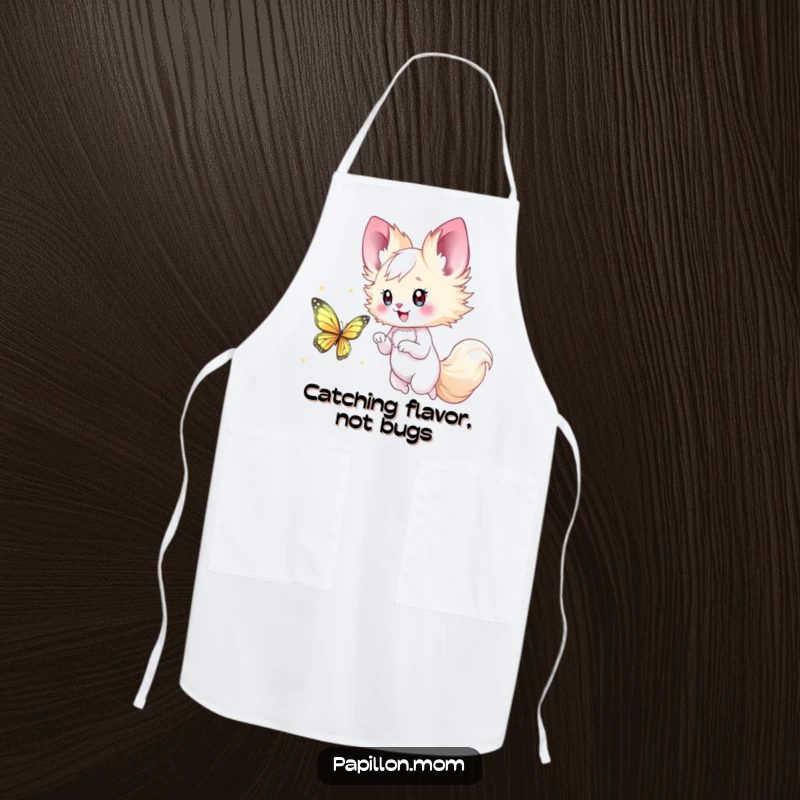 Funny Papillon Lady Apron depicting a happy chase after a shimmering butterfly, bringing playful energy and cheer to cooking.