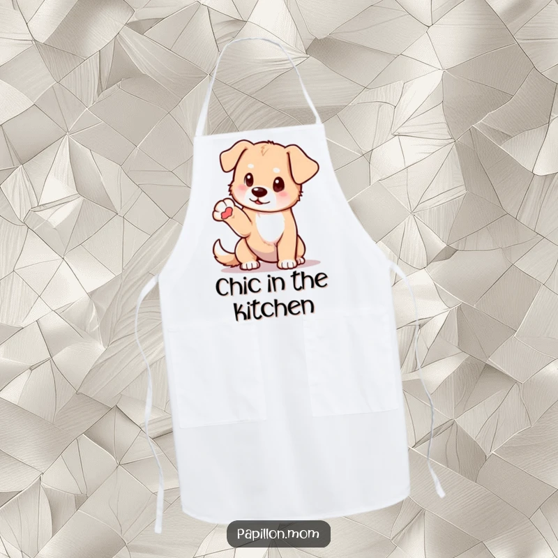 Funny apron with a dog in a delicate pose, one paw elegantly extended; perfect for cooking and baking with refined humor.