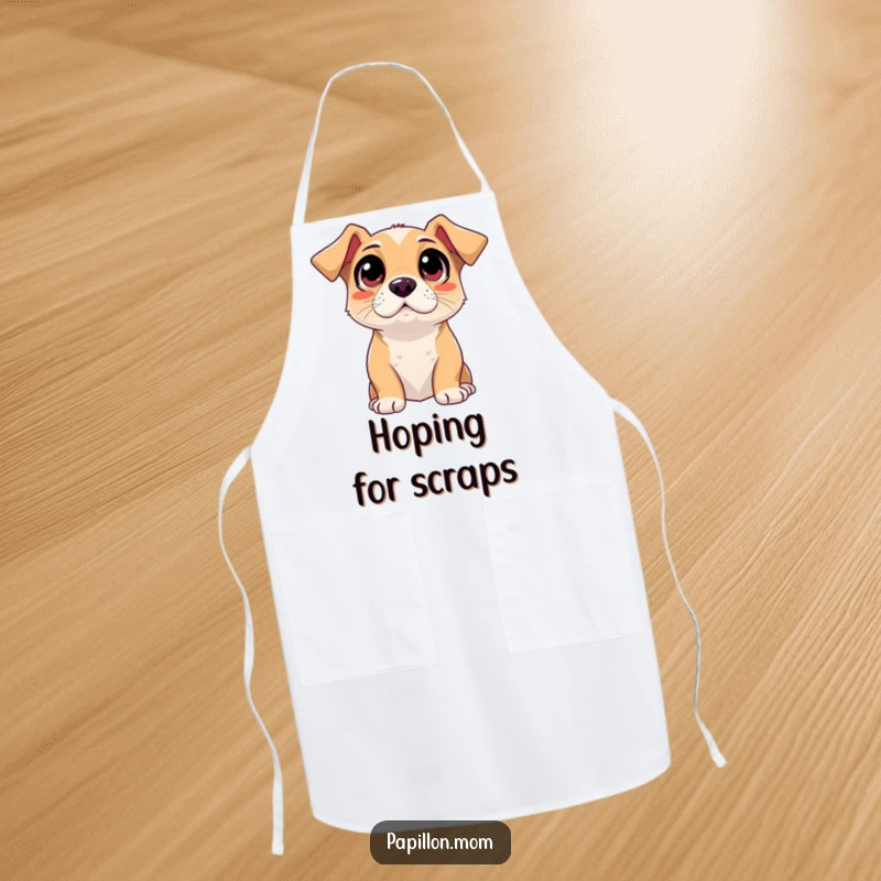 Funny adoring dog apron, showing a dog's loving gaze while cooking, adding a touch of warmth.