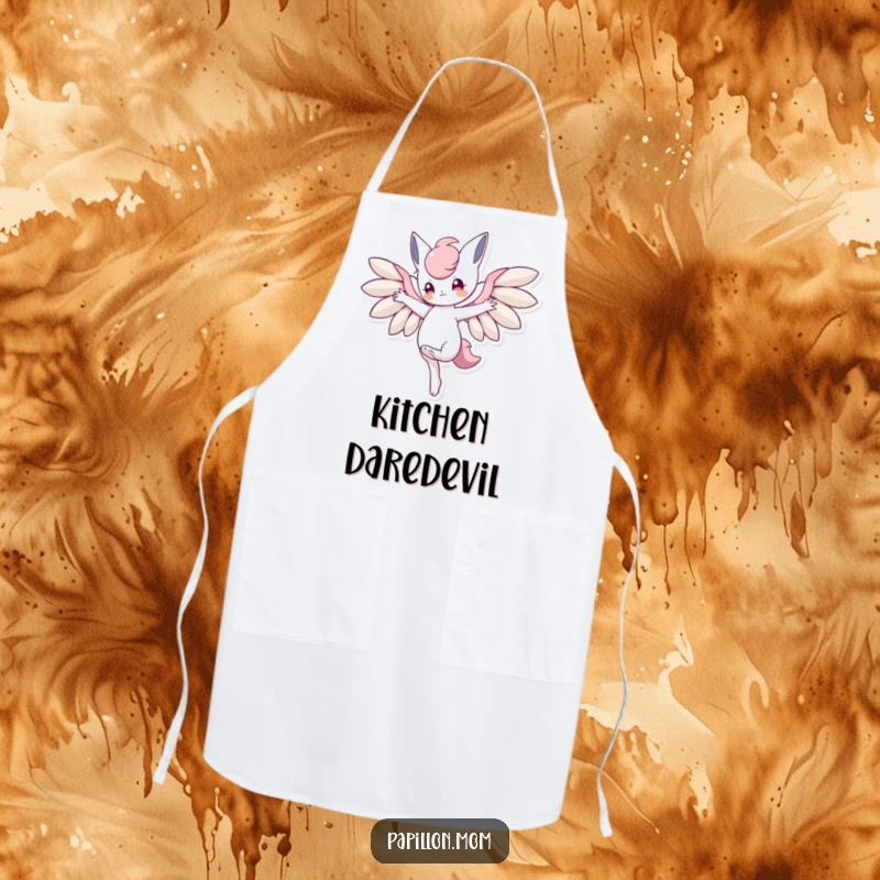 Funny apron with a character balancing on one paw with wings outstretched, perfect for adding a touch of agile charm to cooking.