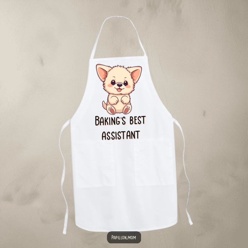 Funny apron with a small, fluffy dog, large ears, happily fluttering its paws; perfect for cooking and baking with a smile.