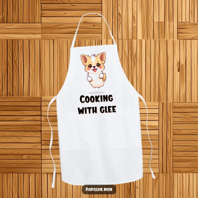 Funny Kawaii Papillon Dog Apron with a Papillon dog leaping playfully with a joyful sparkle in its eyes, perfect for energetic cooks.