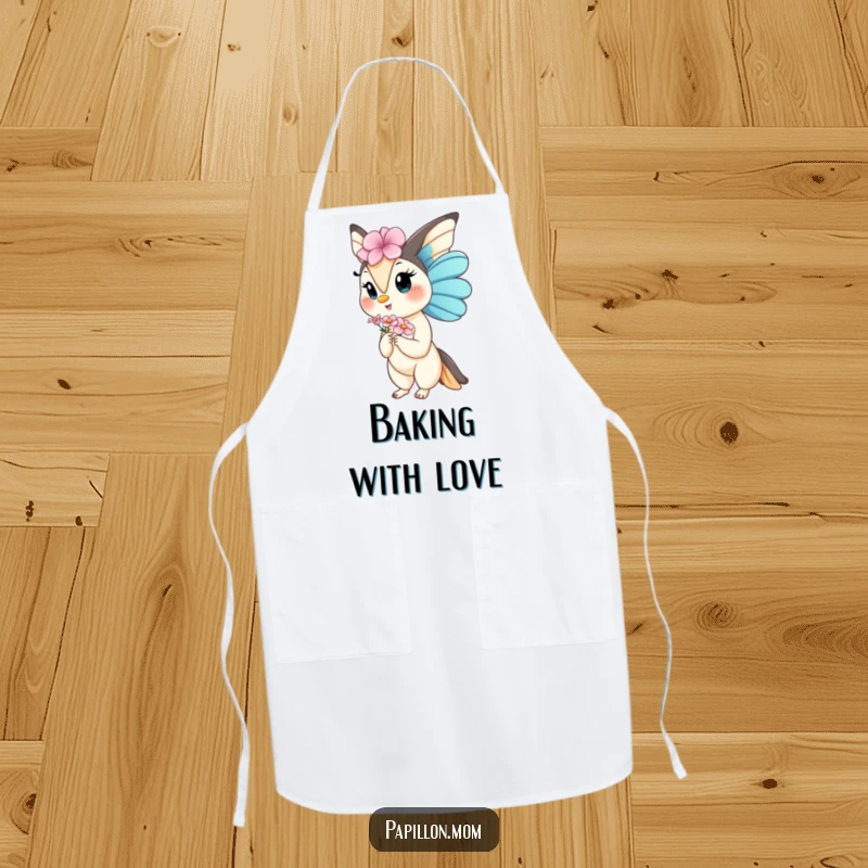 Funny Kawaii Papillon Lady apron designed for cooking, featuring a dog gracefully offering a flower, adding gentle humor and charm to the kitchen.
