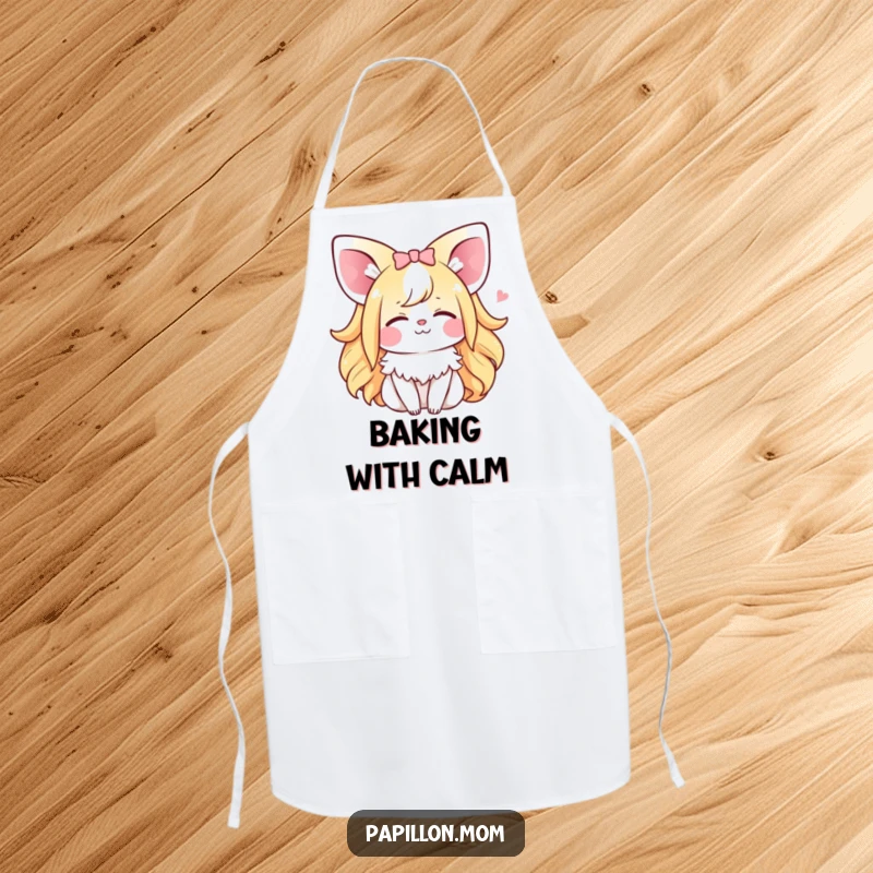 Funny Kawaii Papillon Lady apron designed for cooking, showcasing a dog with closed eyes, emitting a tiny happy sigh, adding humor to the kitchen.