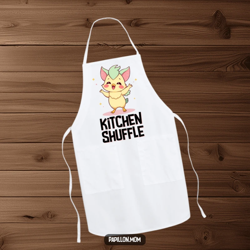 Funny Papillon apron showing a delighted Papillon dog performing a charming dance, ideal for cheerful cooking and baking.