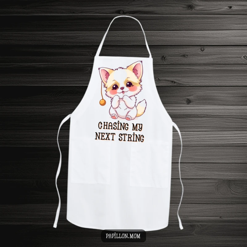 Funny Papillon apron featuring a dog hilariously batting at a dangling string, perfect for kitchen fun and dog lovers.