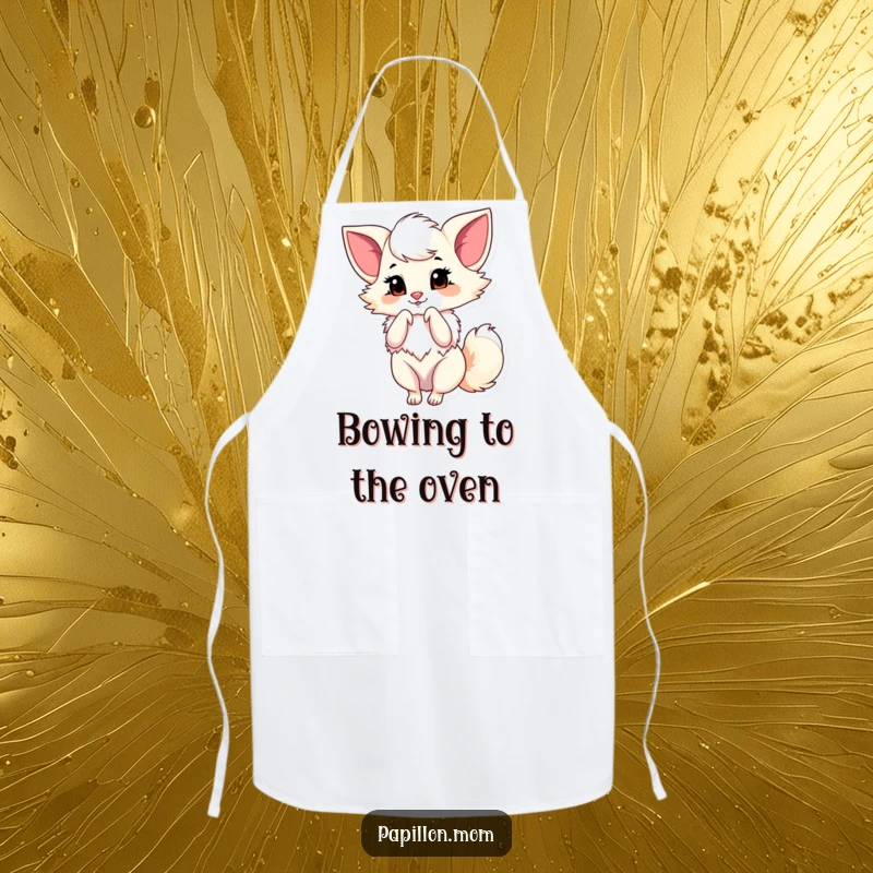 Funny Papillon Apron showing a lady dog performing a graceful little bow, adding a touch of elegant humor to kitchen tasks.