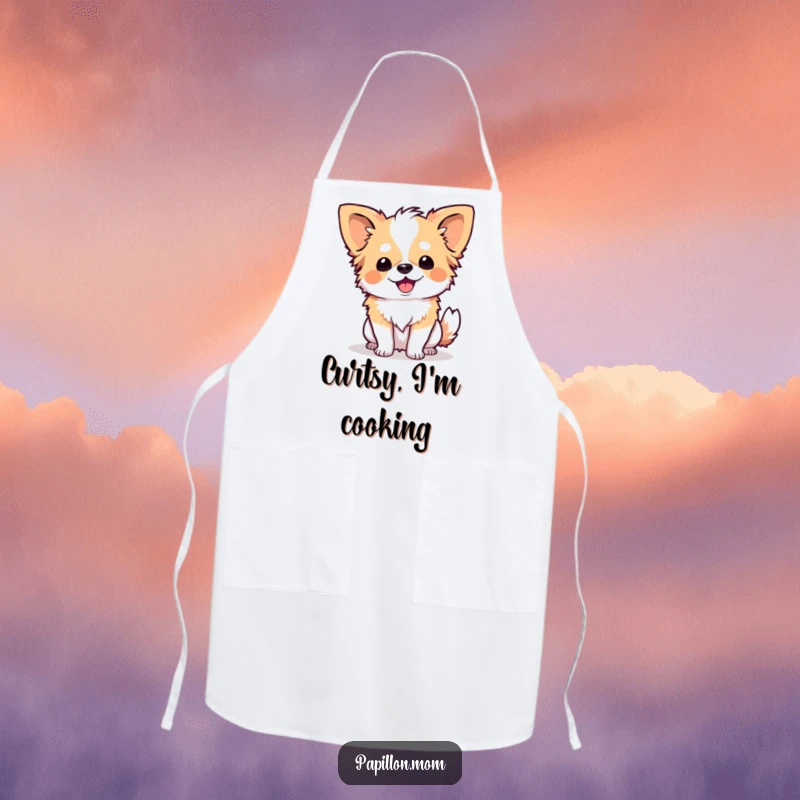 Funny Papillon dog performing a charming curtsy with a happy expression, printed on a durable and humorous kitchen apron.