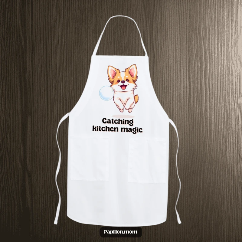 Funny apron with a smiling Papillon dog chasing a bubble, perfect for adding humor to cooking.