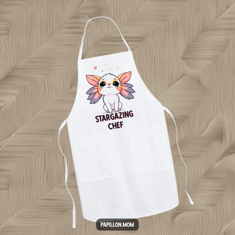 Funny Papillon Apron showing a lady dog looking up at the sky with wonder, adding a touch of whimsical humor to kitchen tasks.