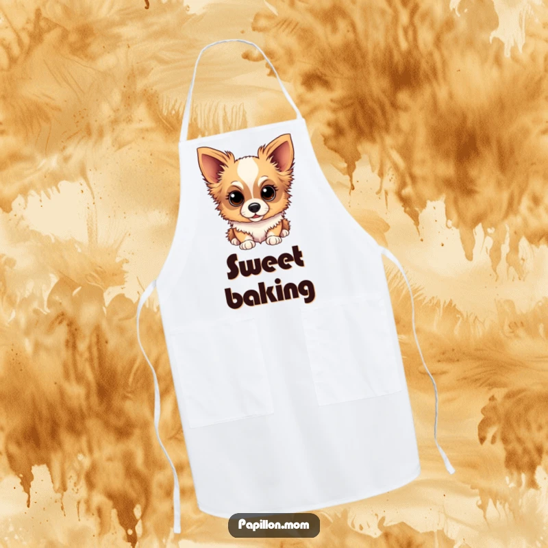 Funny Papillon dog apron showcasing a dog with a sweet, gentle, and inquisitive gaze, perfect for kitchen fun.