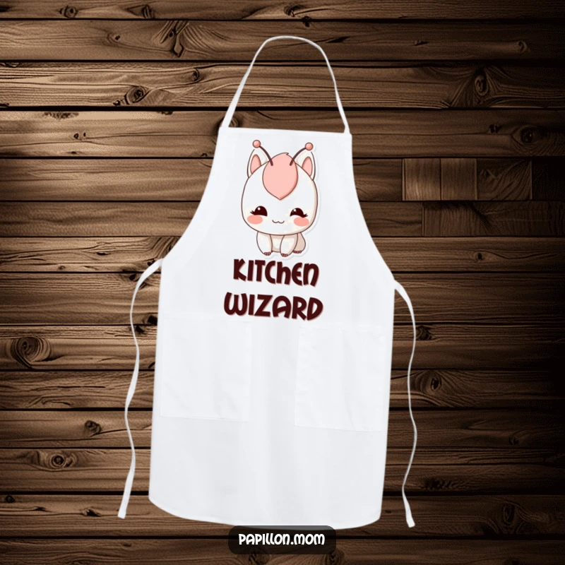 Funny apron featuring a character with a gentle smile and twitching antennae, adding a playful and charming touch to cooking duties.