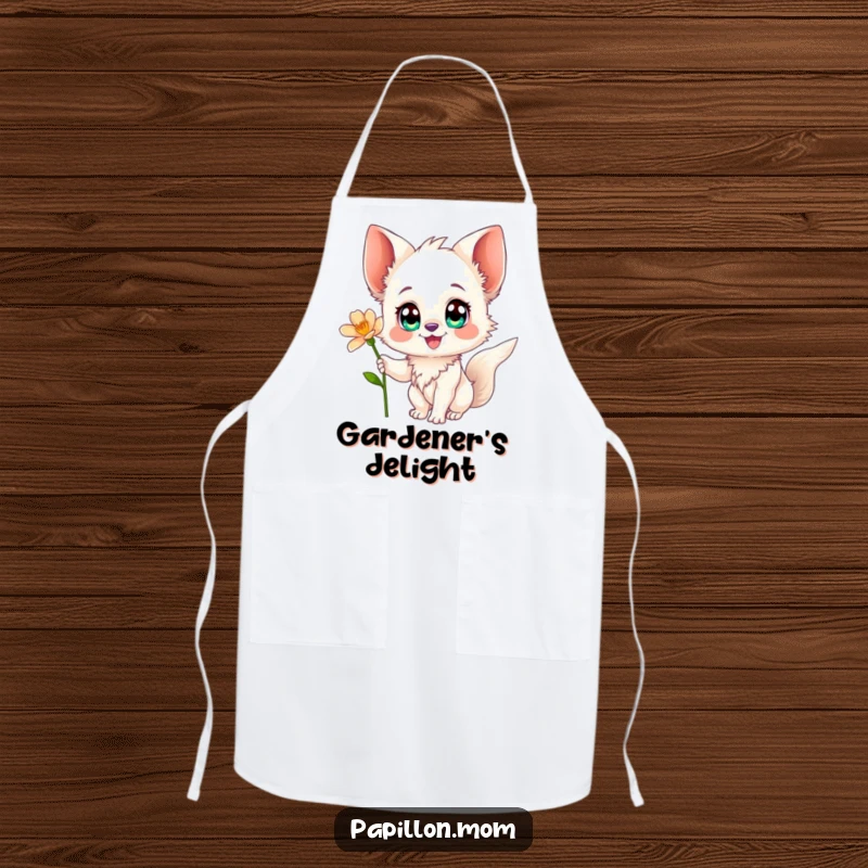 Funny Papillon apron showing a happy Papillon dog reaching for a flower, ideal for cheerful cooking and baking sessions.