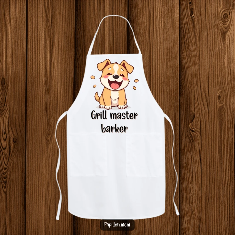 Funny barking dog apron design, showing a happy dog making playful sounds in the kitchen.