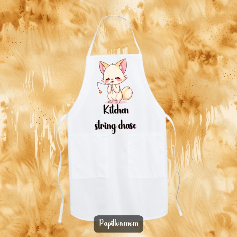 Funny Kawaii Papillon apron showcasing a cute lady playfully batting at a dangling string, perfect for kitchen fun and playful vibes.