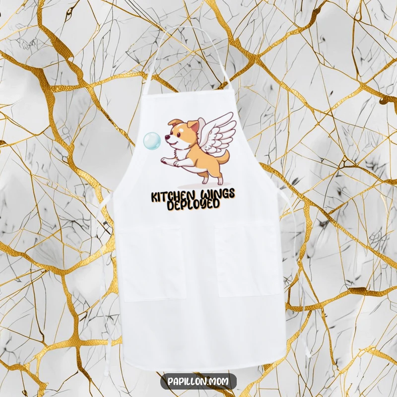 Funny apron with a dog with prominent wings, playfully chasing a floating bubble; perfect for cooking with a touch of magic.
