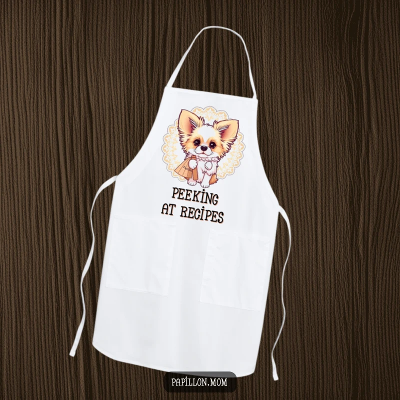 Funny Papillon dog peeking playfully from behind a large, decorative lace fan, on a functional and humorous apron.