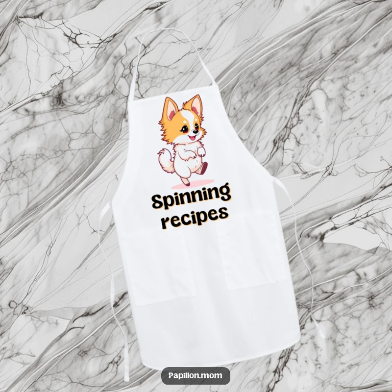 Funny Papillon dog apron showcasing a dog in an energetic twirl, excellent for fun and functional kitchen wear.