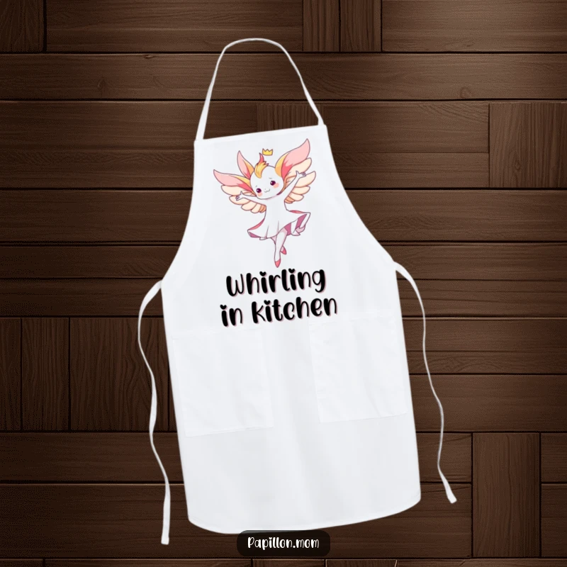 Funny Kawaii Papillon apron showcasing a cute lady performing a graceful aerial twirl, perfect for elegant kitchen moments.