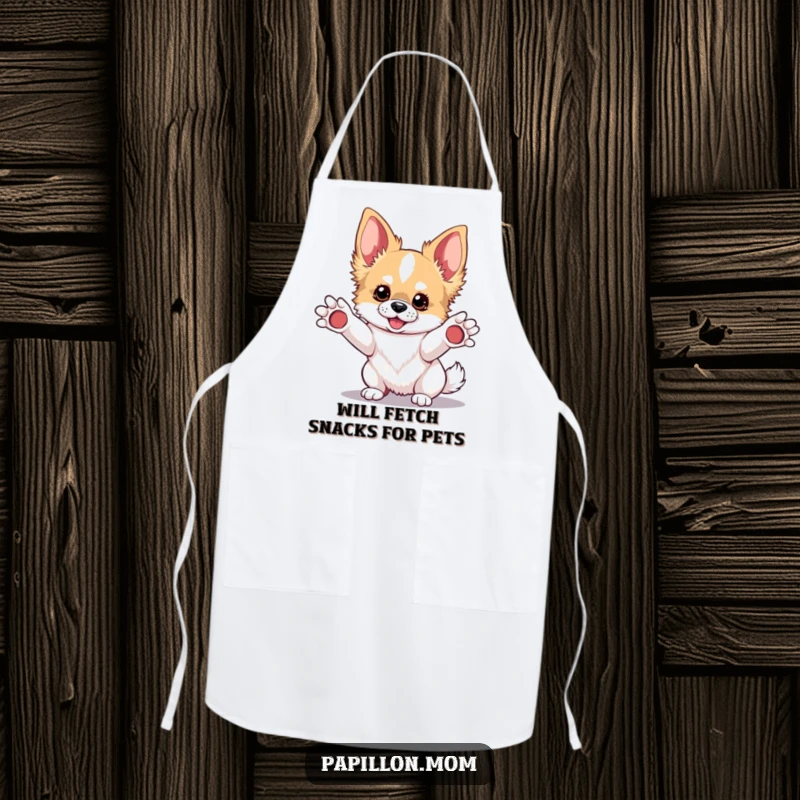 Funny Kawaii Papillon dog apron, adorable pup with paws out, ready for kitchen fun, durable and washable.