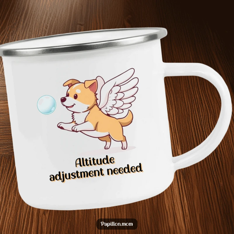 Funny camping mug with a dog with prominent wings, playfully chasing a floating bubble; durable and ready for any adventure.