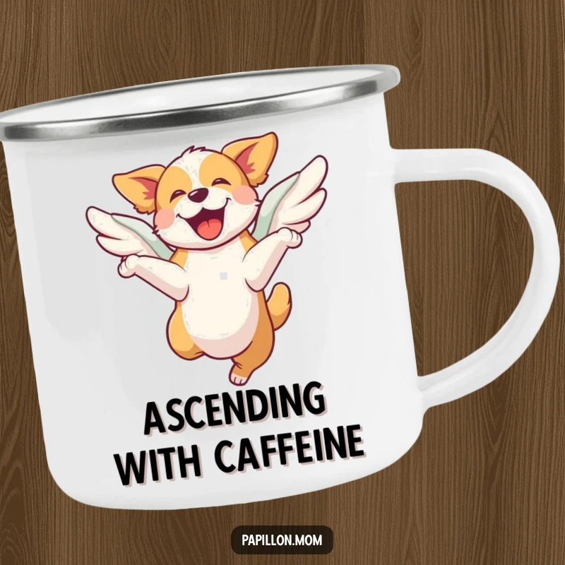 Funny camping mug with a dog leaping with joy, its wings giving it an extra boost; durable and ready for adventurous fun.