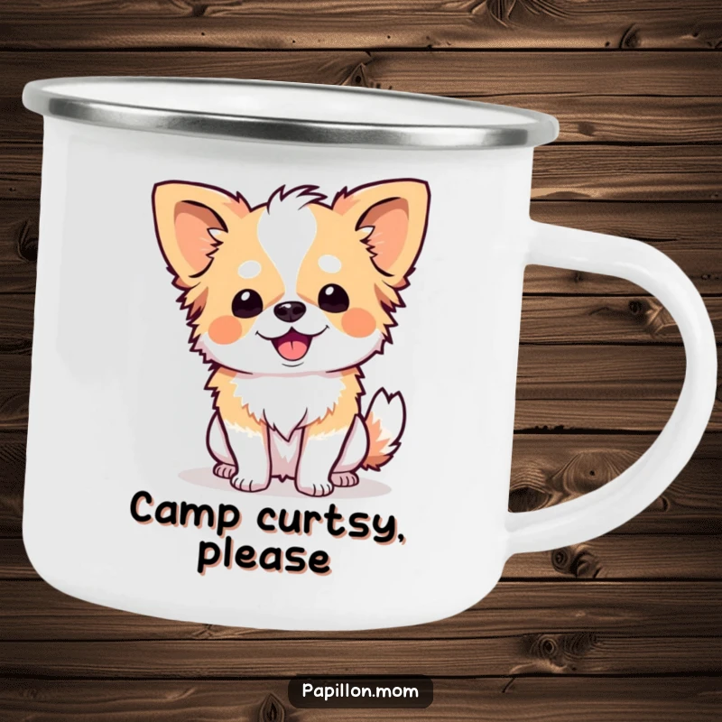 Funny Papillon dog performing a delightful curtsy, illustrated on a sturdy camping mug, ready for any adventure.