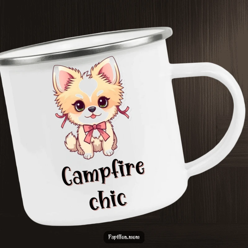 Funny Papillon dog camping mug adorned with delicate ribbons, perfect for stylish outdoor enjoyment.