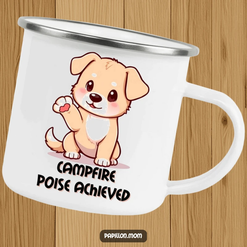 Funny camping mug with a dog in a delicate pose, one paw elegantly extended; durable and ready for refined outdoor adventures.