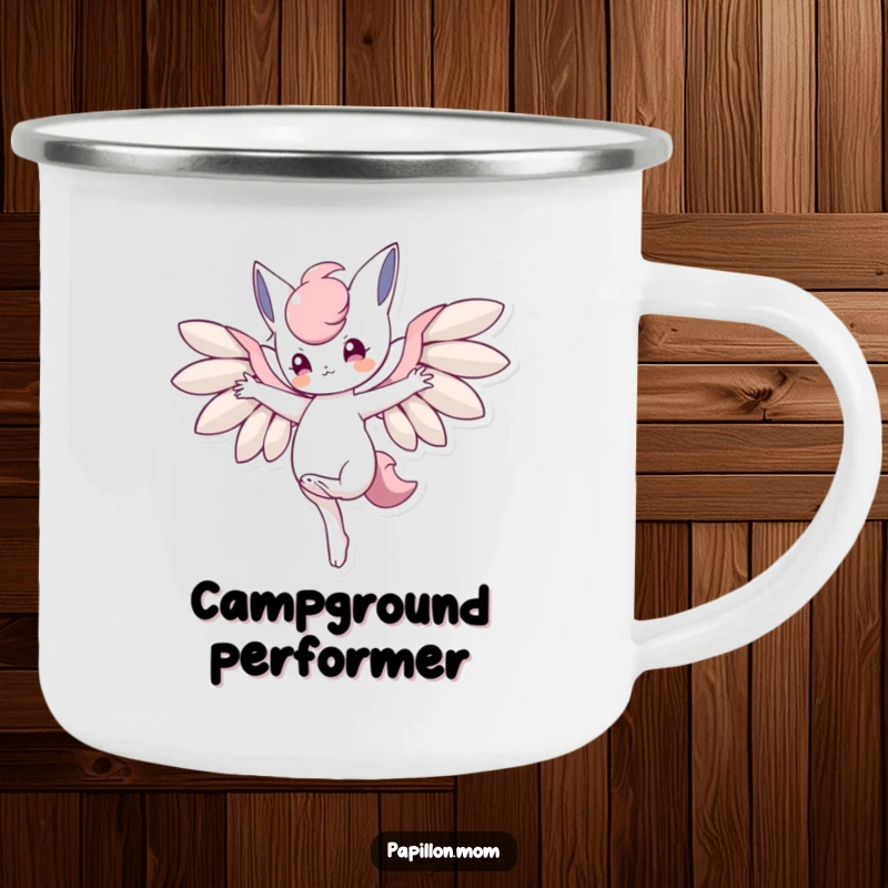 Funny camping mug showing a character balancing on one paw with wings outstretched, perfect for enjoying drinks during outdoor escapades.