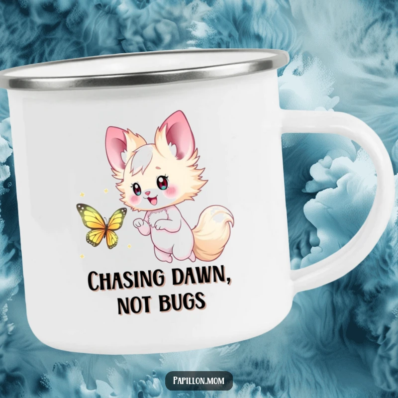 Funny Papillon Lady Camping Mug depicting a happy chase after a shimmering butterfly, ready for any outdoor adventure with a smile.