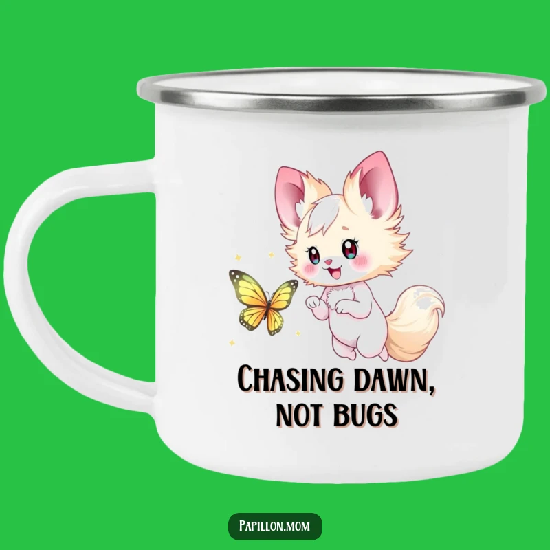 Funny Papillon Lady Camping Mug: Butterfly Chase – Adventure Companion!