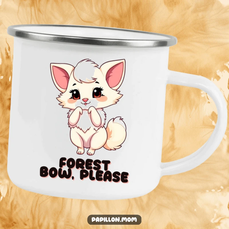 Funny Papillon Camping Mug depicting a lady dog doing a graceful little bow, a durable and humorous cup for refined outdoor enthusiasts.