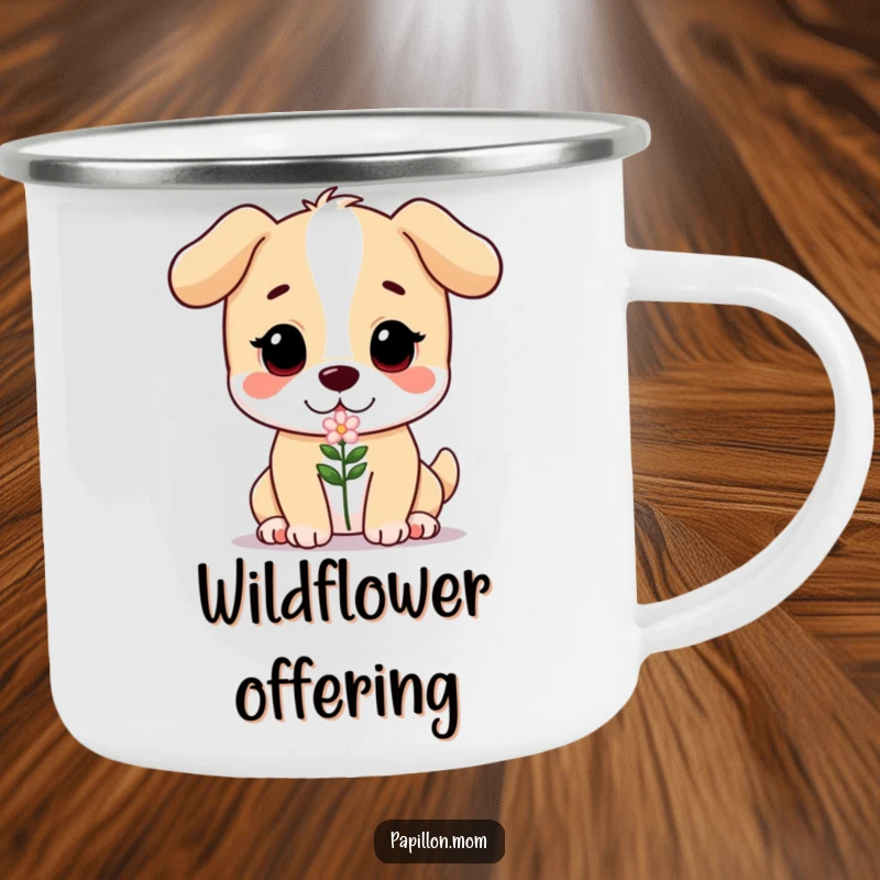 Funny camping mug with a sweet, gentle dog character offering a small flower, perfect for enjoying beverages on the go.