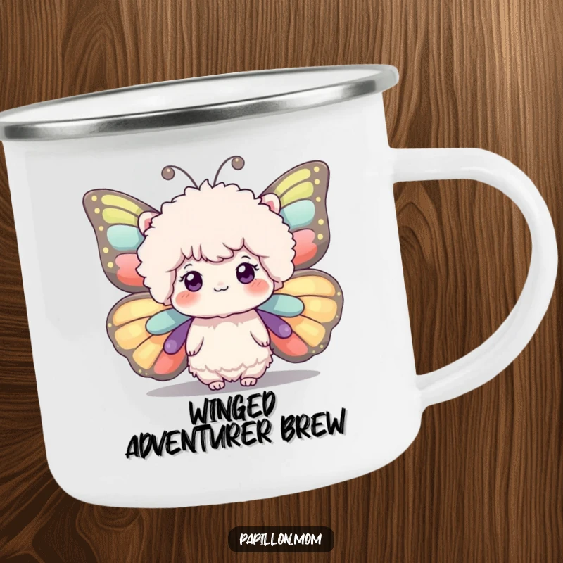 Funny camping mug with a fluffy head adorned with large, expressive butterfly wings, designed for whimsical outdoor experiences.