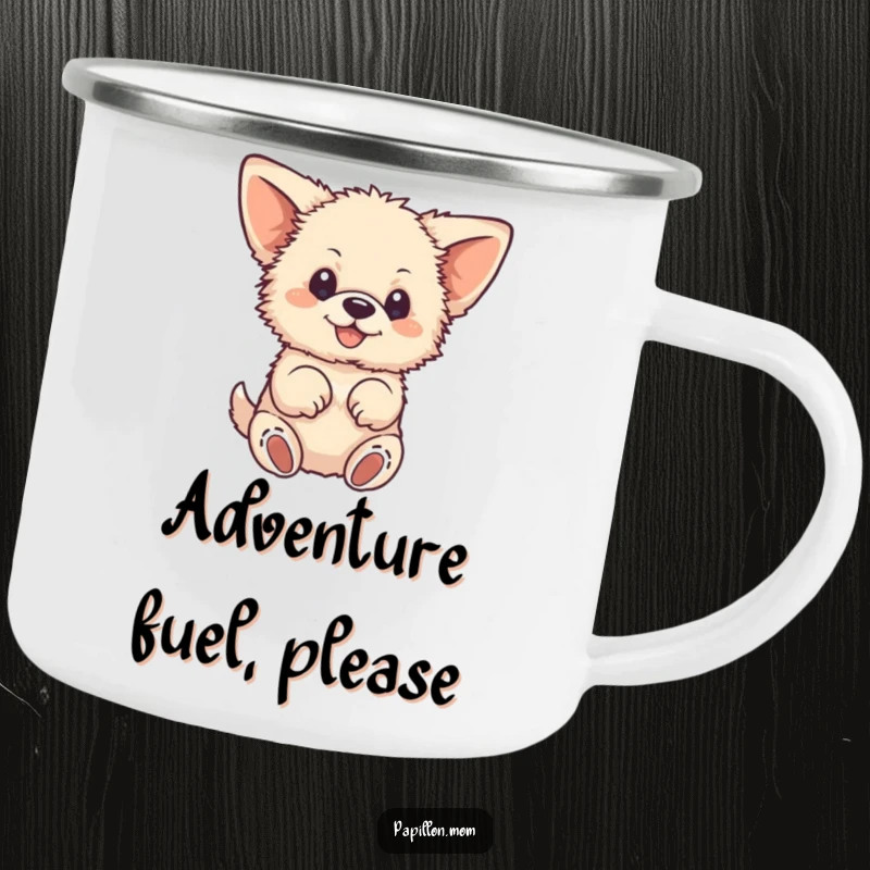 Funny camping mug with a small, fluffy dog, large ears, happily fluttering its paws; durable and ready for outdoor adventures.