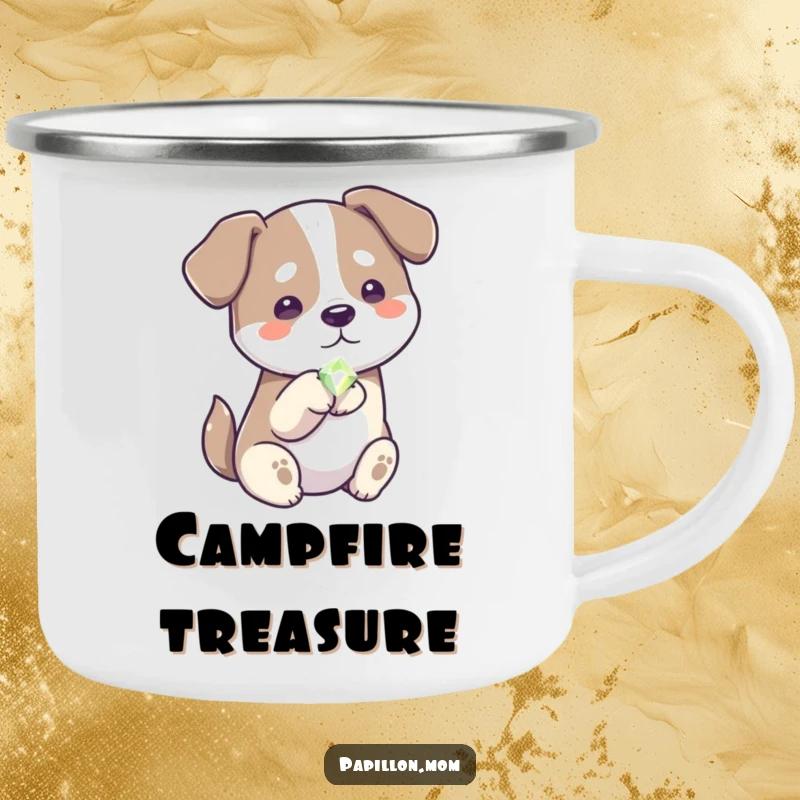 Funny generous dog camping mug, showing a dog offering a shiny gem, perfect for outdoor adventures.