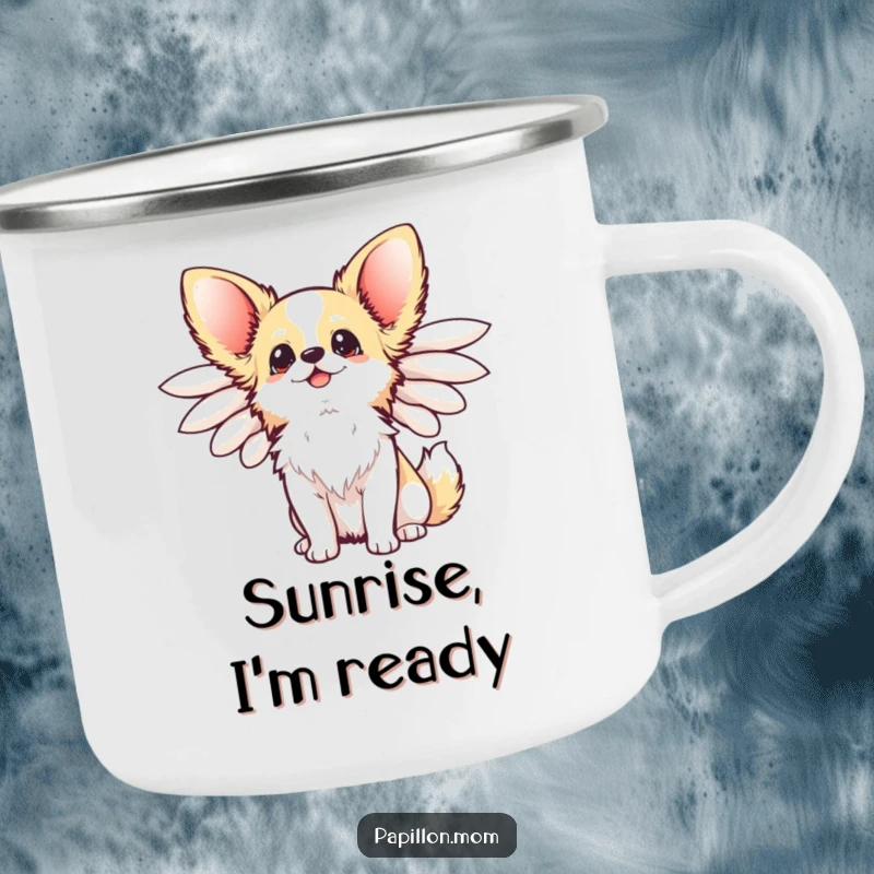 Funny Kawaii Papillon Dog Camping Mug with elegant wings flared, looking up happily, perfect for adventurous, humorous outings.