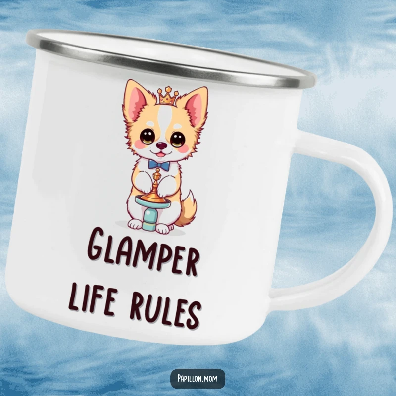 Funny Kawaii Papillon dog camping mug, illustration of a stylish French butterfly dog balancing an ornate accessory with flair, ready for adventure.