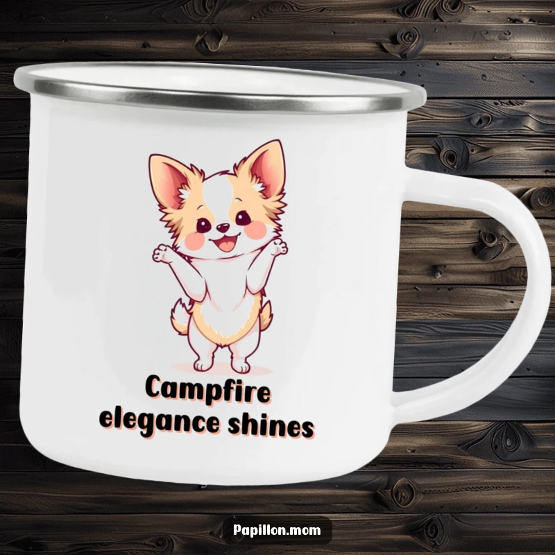Funny Kawaii Papillon dog camping mug, illustration of a cute French butterfly dog in a graceful pose, radiating delight, ready for the outdoors.