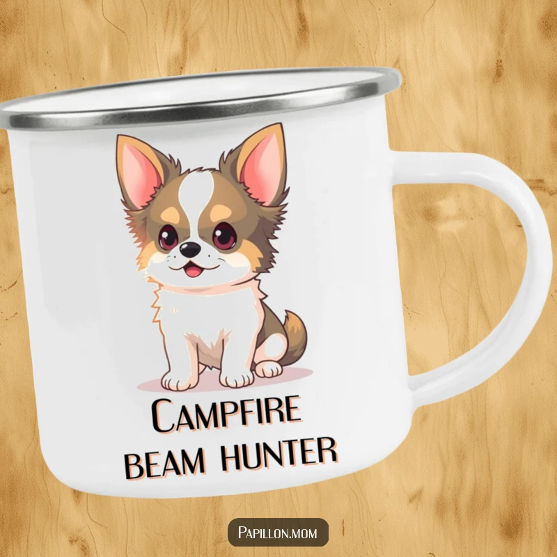 Funny Kawaii Papillon Dog Camping Mug with delicate ears perked, chasing a light beam, perfect for humorous outdoor excursions.