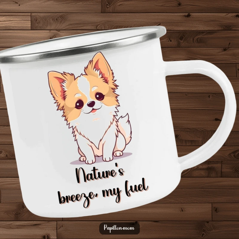 Funny Kawaii Papillon dog camping mug, durable cup with a serene pup enjoying the breeze, for peaceful drinks.