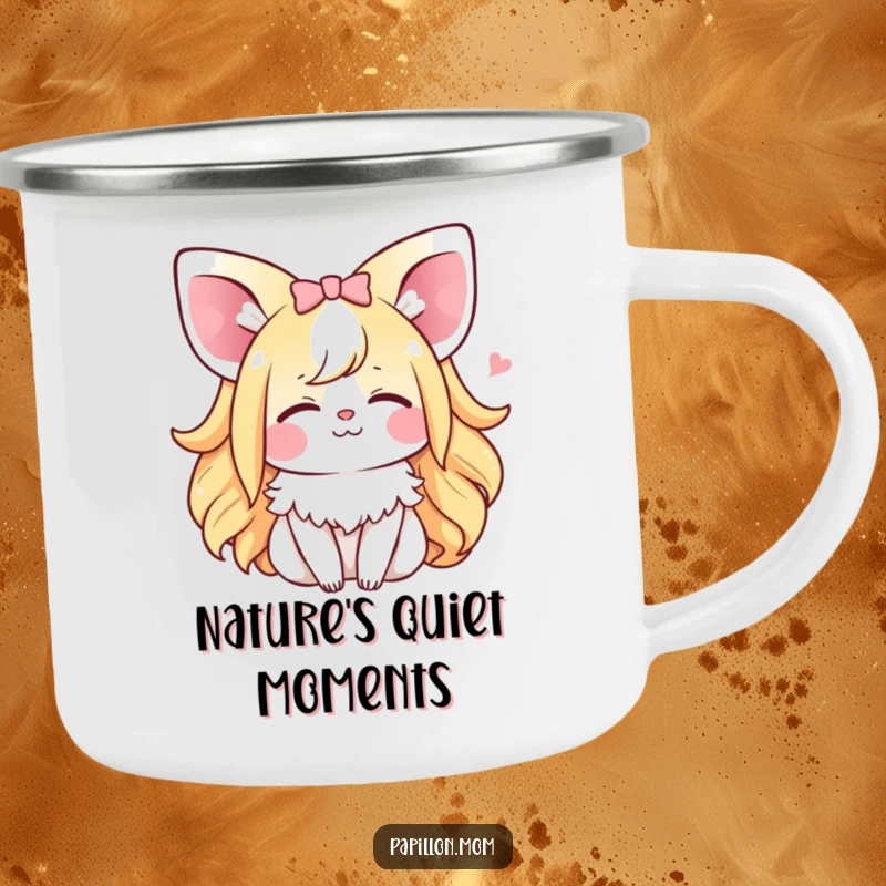 Funny Kawaii Papillon Lady camping mug for drinks, showing a dog with closed eyes and a happy sigh, perfect for outdoor relaxation and humor.