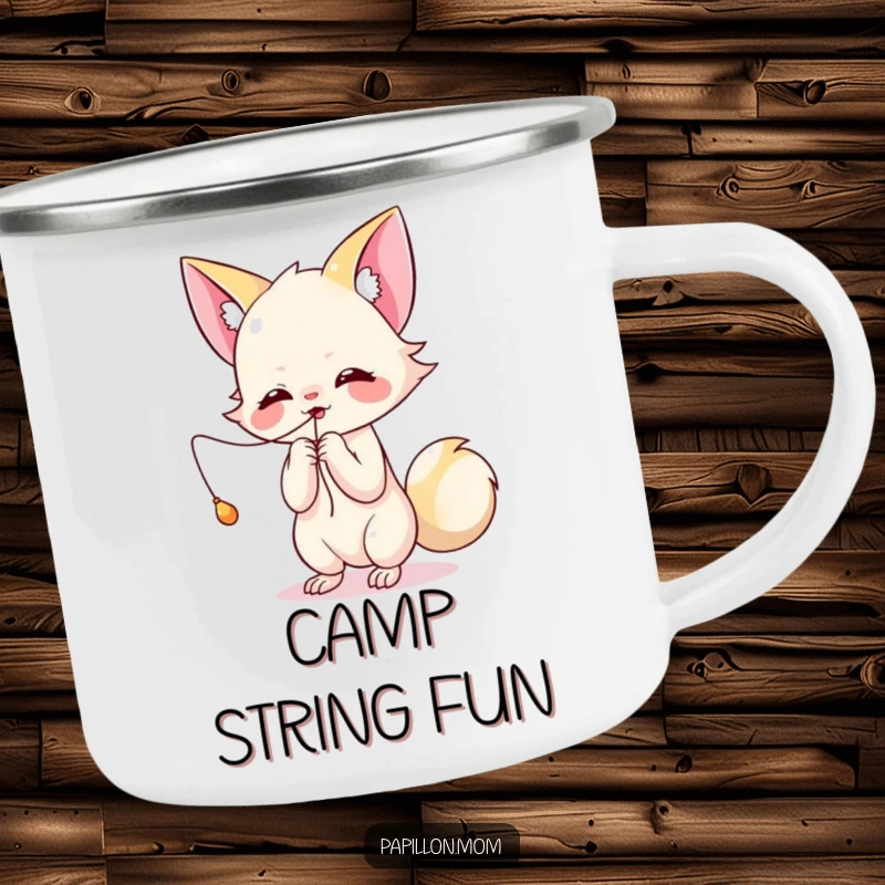 Funny Kawaii Papillon camping mug showing a cute lady playfully batting at a dangling string, perfect for outdoor fun and playful moments.