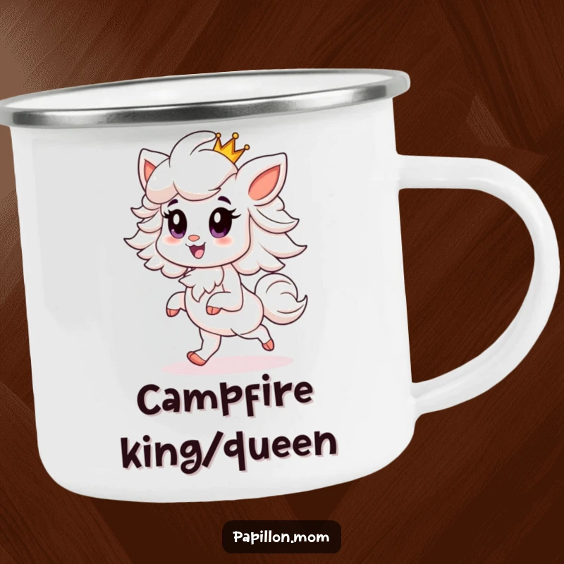 Funny Papillon camping mug showing a proud Papillon dog prancing with a tiny crown, ideal for outdoor royalty.