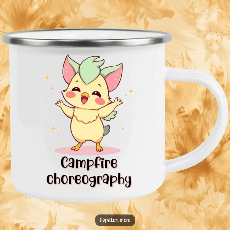 Funny Papillon camping mug showing a delighted Papillon dog performing a charming dance, perfect for outdoor enthusiasts and dog lovers.