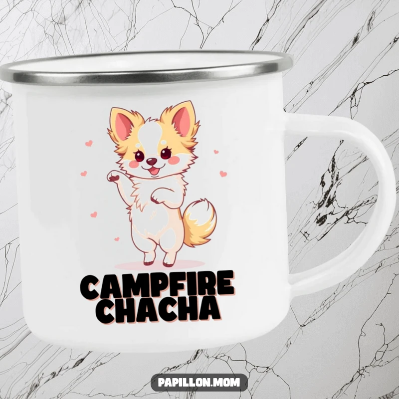 Funny Papillon dog performing an elegant dance with a flourish, illustrated on a sturdy camping mug.
