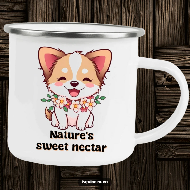 Funny Papillon dog character wearing a flower garland, looking joyful on a sturdy camping mug.